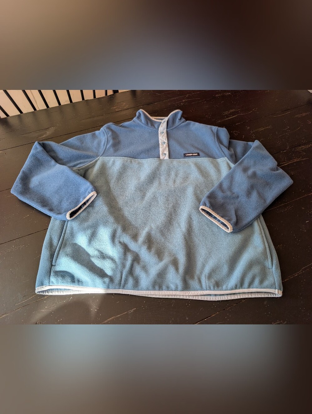 Lands' End Women's Heritage Fleece Pullover Colorblock Blue XL 18 Petite Cozy